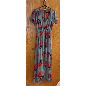 Vintage Charlotte Russe Dress Wm M Green Pink Red Roses Midi to Maxi Faux Wrap‎